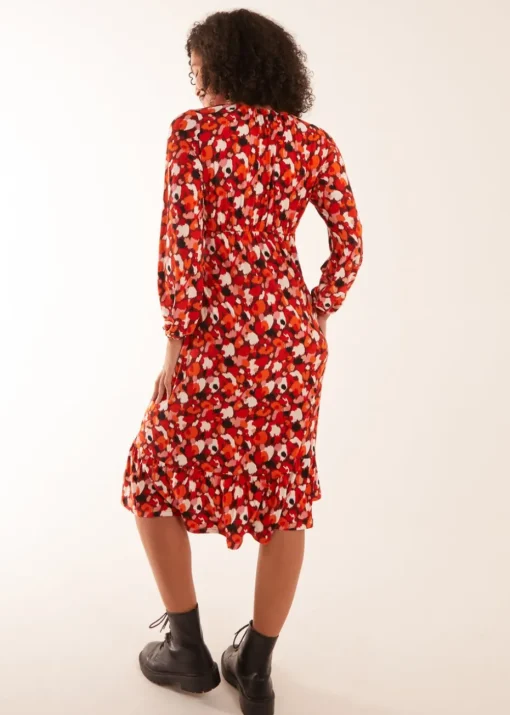 Blue Vanilla Rust V Neck Shirred Waist Midi Dress