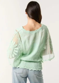 Blue Vanilla Sage Sun Flower Lace Sleeve Blouse