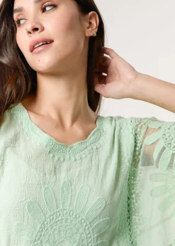 Blue Vanilla Sage Sun Flower Lace Sleeve Blouse
