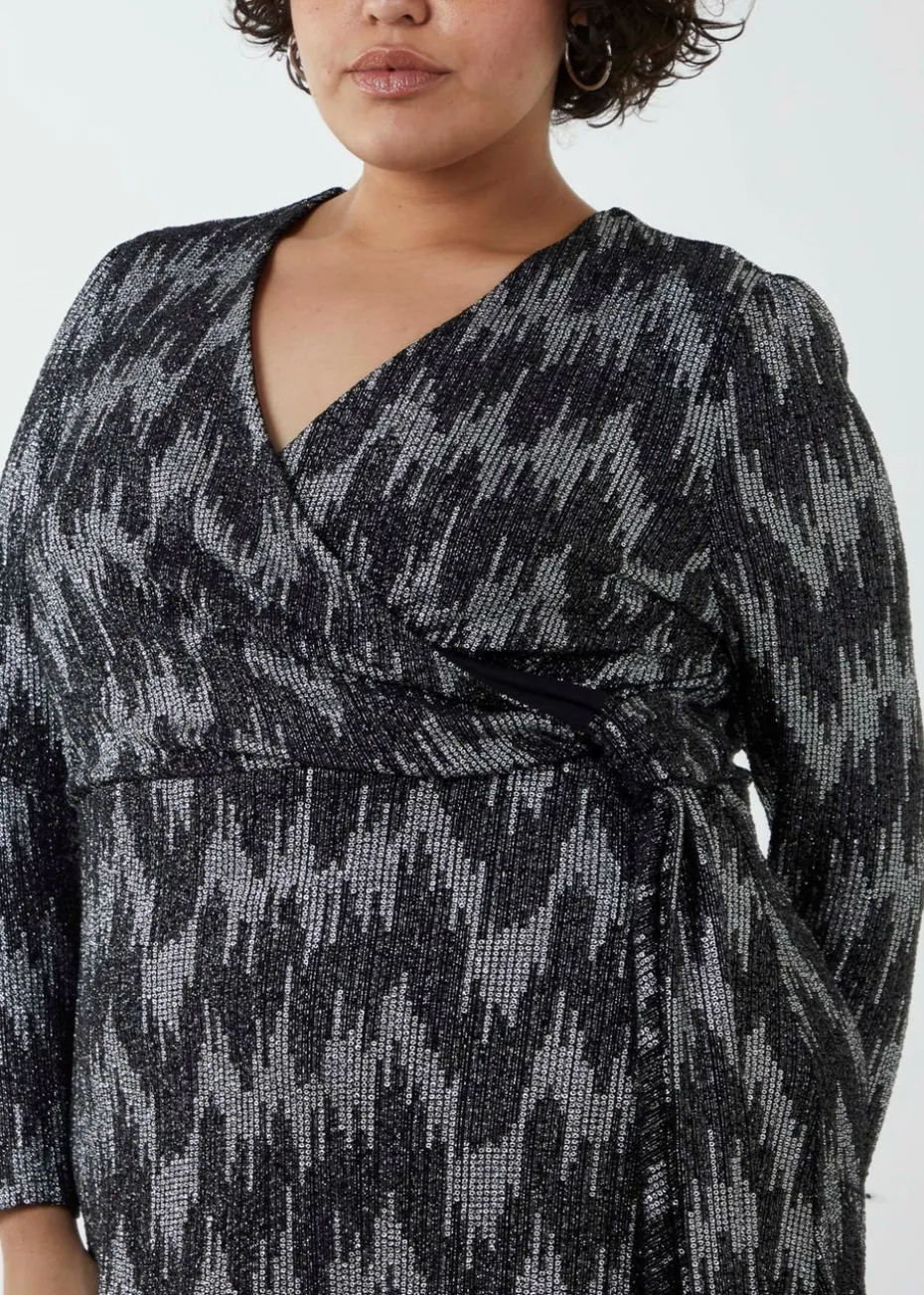 Blue Vanilla Silver Curve Sparkly Fixed Wrap Skater Dress With Tie