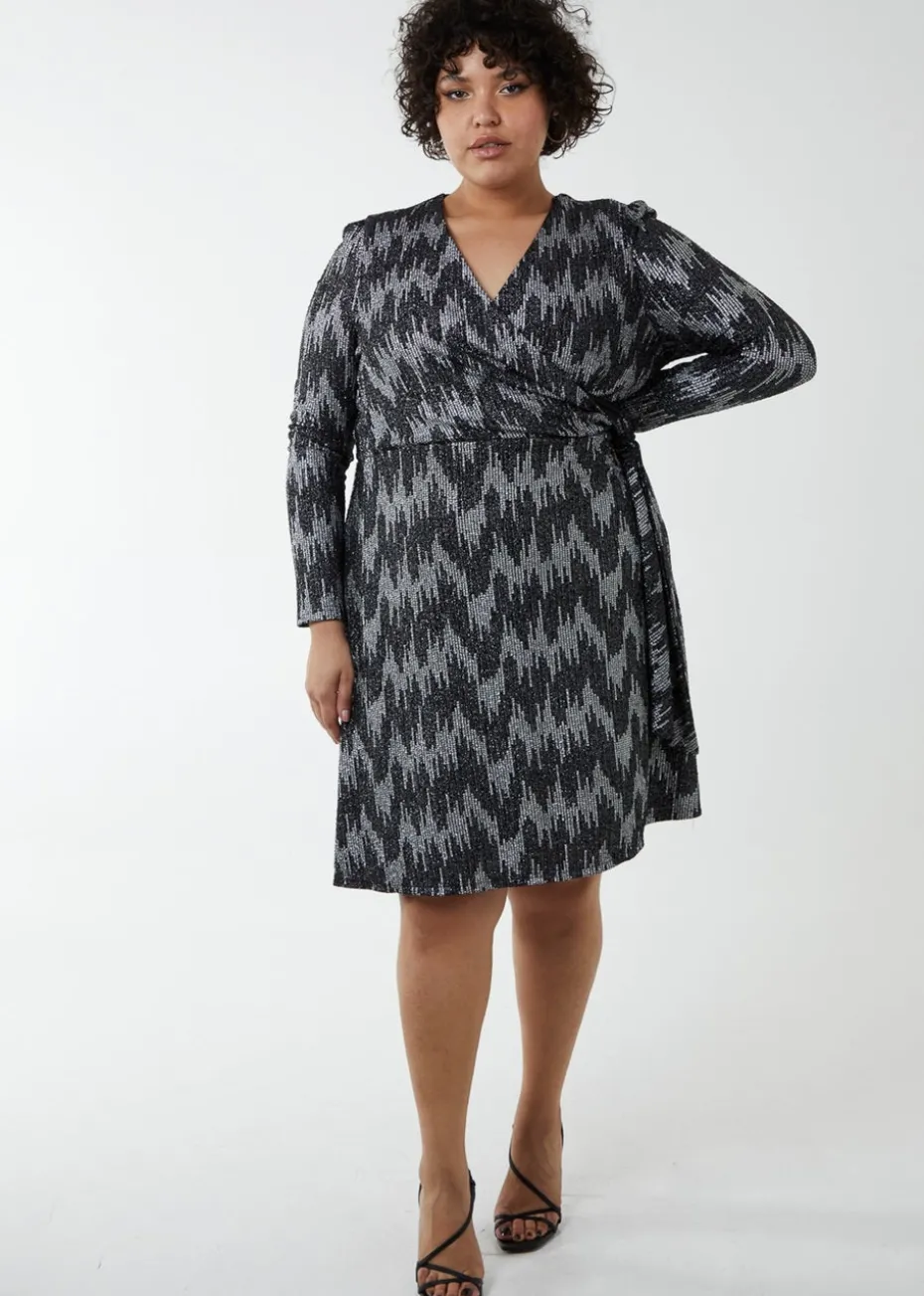 Blue Vanilla Silver Curve Sparkly Fixed Wrap Skater Dress With Tie