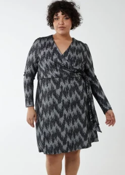 Blue Vanilla Silver Curve Sparkly Fixed Wrap Skater Dress With Tie