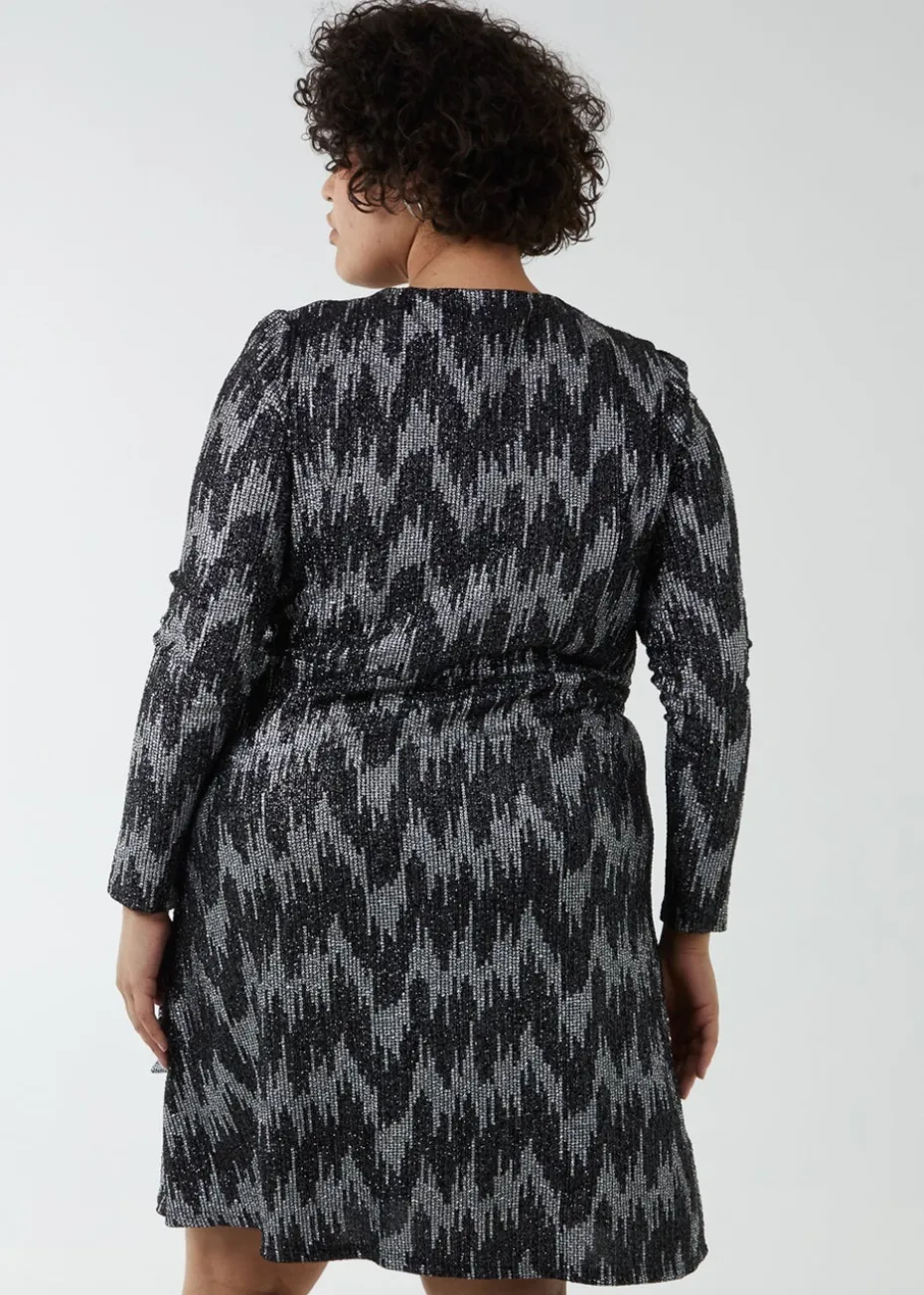 Blue Vanilla Silver Curve Sparkly Fixed Wrap Skater Dress With Tie