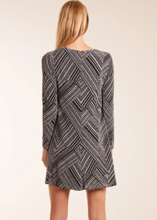 Blue Vanilla Silver Stripe Glittery Long Sleeve Shift Mini Dress