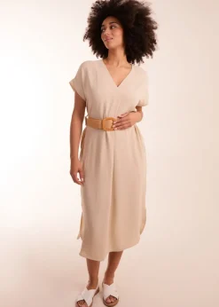 Blue Vanilla Stone Belted V neck Midi Dress
