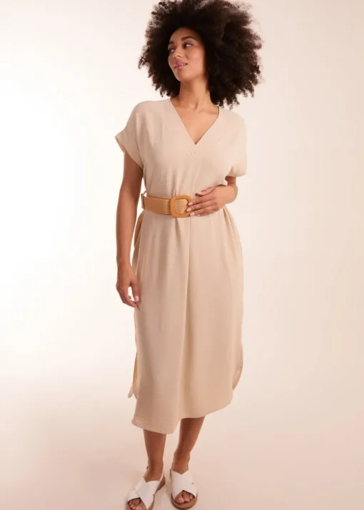 Blue Vanilla Stone Belted V neck Midi Dress