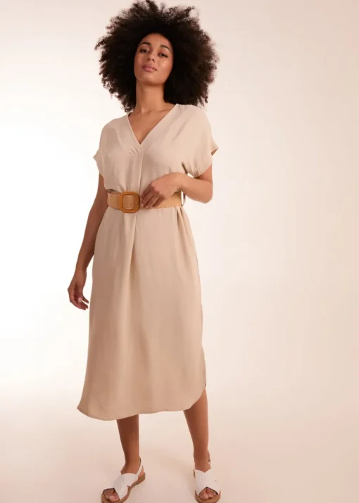 Blue Vanilla Stone Belted V neck Midi Dress
