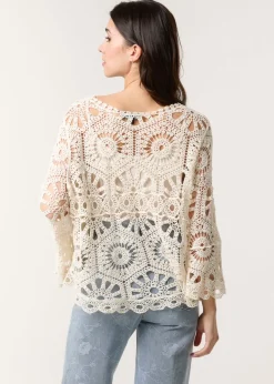 Blue Vanilla Stone Crochet Top With Flared Sleeves