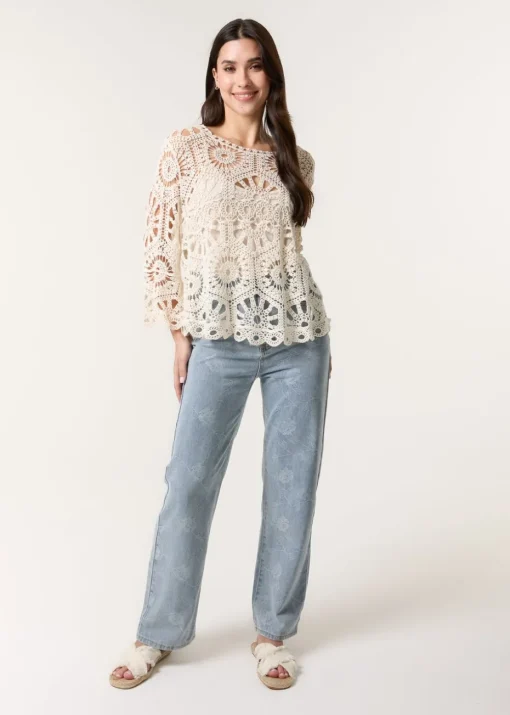 Blue Vanilla Stone Crochet Top With Flared Sleeves