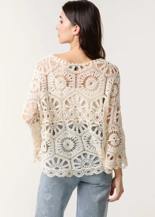 Blue Vanilla Stone Crochet Top With Flared Sleeves