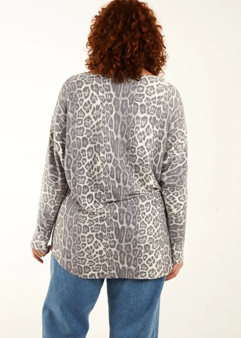 Blue Vanilla Stone Curve Leopard Print Jumper
