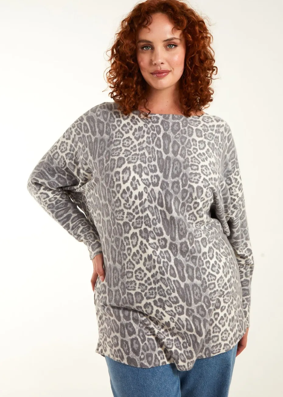 Blue Vanilla Stone Curve Leopard Print Jumper