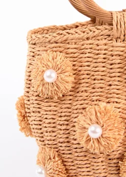 Blue Vanilla Stone Pearl Pompom Mini Woven Handbag