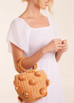 Blue Vanilla Stone Pearl Pompom Mini Woven Handbag