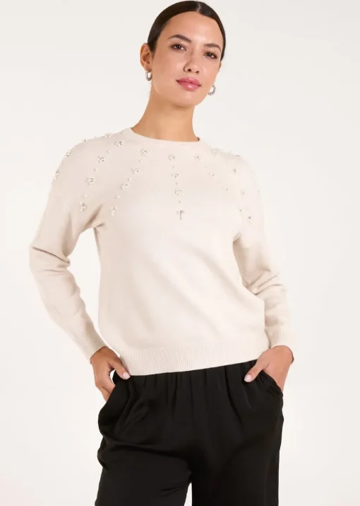 Blue Vanilla Stone Pearl Flower Embellishment Jumper