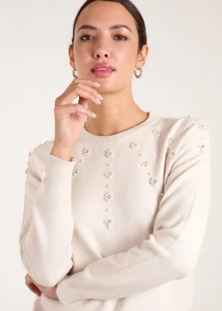 Blue Vanilla Stone Pearl Flower Embellishment Jumper