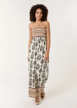 Blue Vanilla Stone Print Strapless Bandeau Shirred Jumpsuit