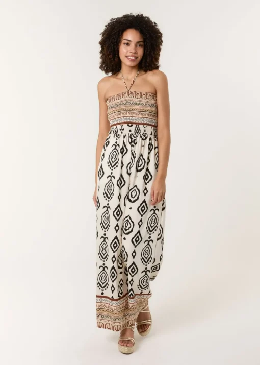 Blue Vanilla Stone Print Strapless Bandeau Shirred Jumpsuit