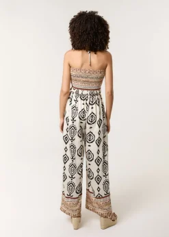 Blue Vanilla Stone Print Strapless Bandeau Shirred Jumpsuit