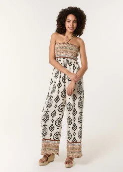 Blue Vanilla Stone Print Strapless Bandeau Shirred Jumpsuit
