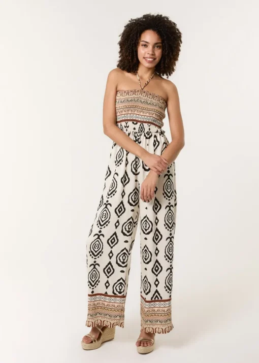 Blue Vanilla Stone Print Strapless Bandeau Shirred Jumpsuit