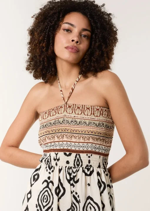 Blue Vanilla Stone Print Strapless Bandeau Shirred Jumpsuit