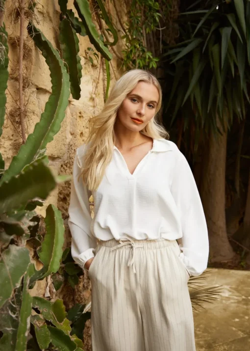 Blue Vanilla Stone Stripe Wide Leg Linen Trousers