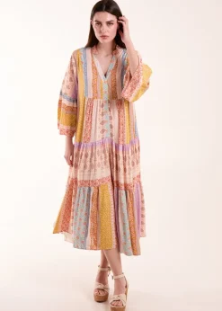 Blue Vanilla Stone V Neck Smock Midi Dress
