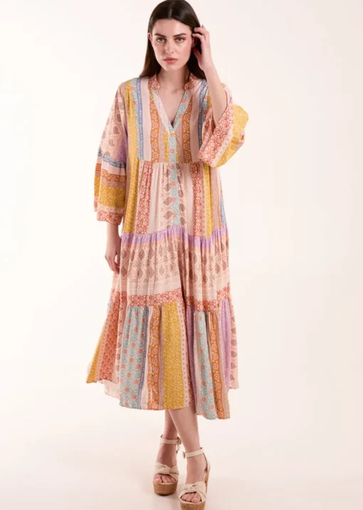Blue Vanilla Stone V Neck Smock Midi Dress