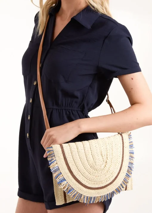 Blue Vanilla Stone Woven Fringe Detail Clutch Bag With Attachable Strap