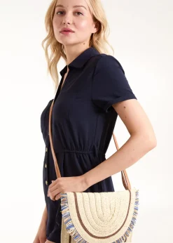 Blue Vanilla Stone Woven Fringe Detail Clutch Bag With Attachable Strap