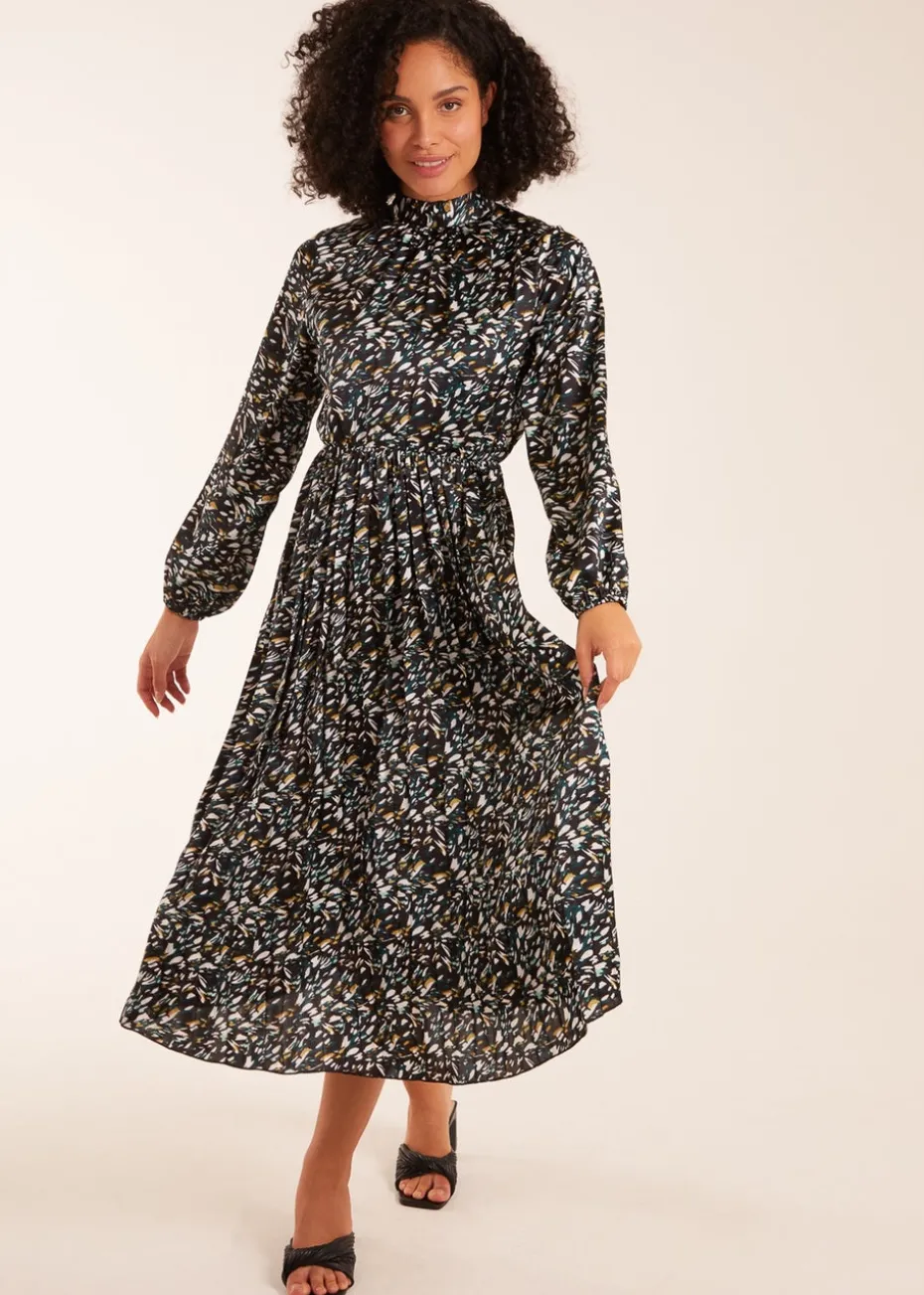 Blue Vanilla Teal Abstract Animal Print High Neck Blouson Midi Dress