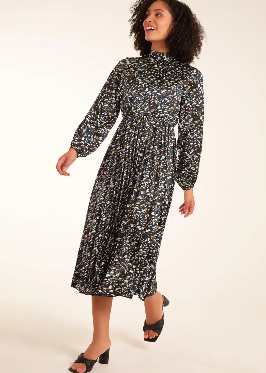 Blue Vanilla Teal Abstract Animal Print High Neck Blouson Midi Dress