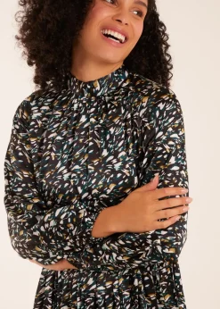 Blue Vanilla Teal Abstract Animal Print High Neck Blouson Midi Dress