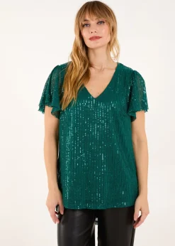 Blue Vanilla Teal Angel Sleeve V Neck Sequin Top