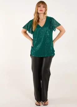 Blue Vanilla Teal Angel Sleeve V Neck Sequin Top