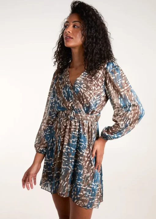 Blue Vanilla Teal Metallic Chiffon Crossover Dress