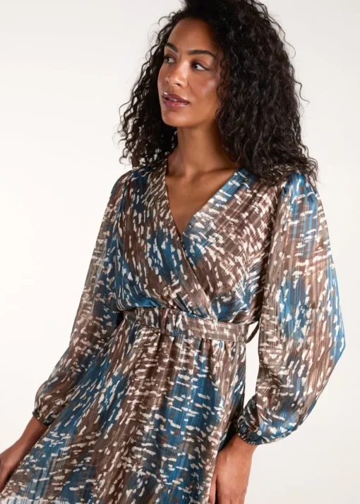 Blue Vanilla Teal Metallic Chiffon Crossover Dress