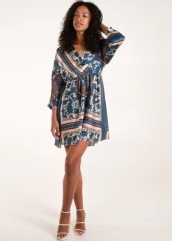 Blue Vanilla Teal Scarf Print Batwing Crossover Dress