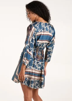 Blue Vanilla Teal Scarf Print Batwing Crossover Dress