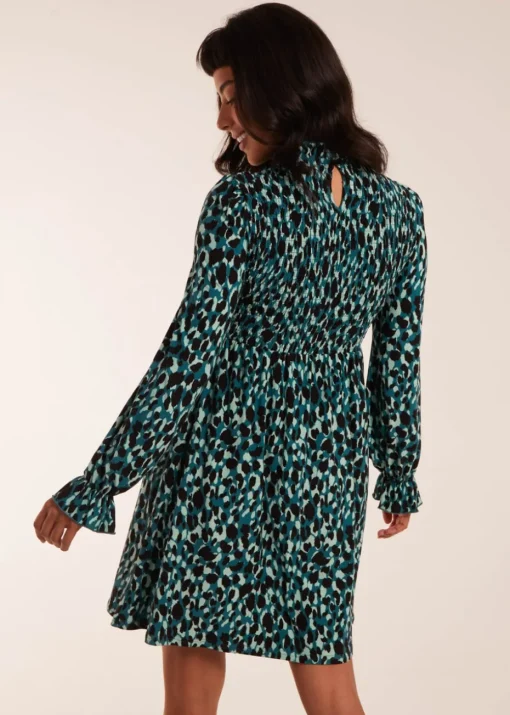 Blue Vanilla Teal Shirred Trapeze Frill Neck And Sleeve Mini Dress