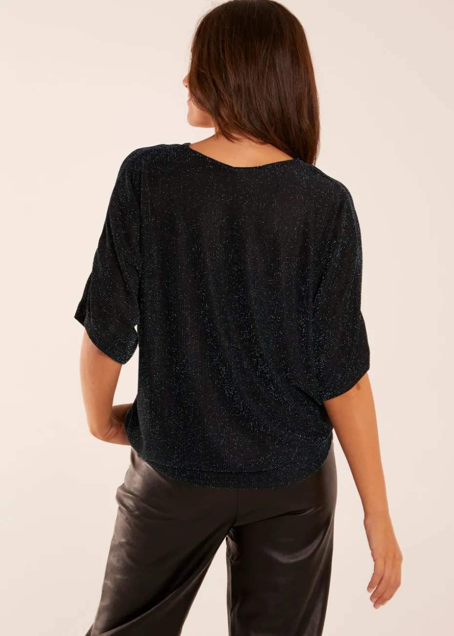 Blue Vanilla Teal Sparkly V Neck Tie Front Top