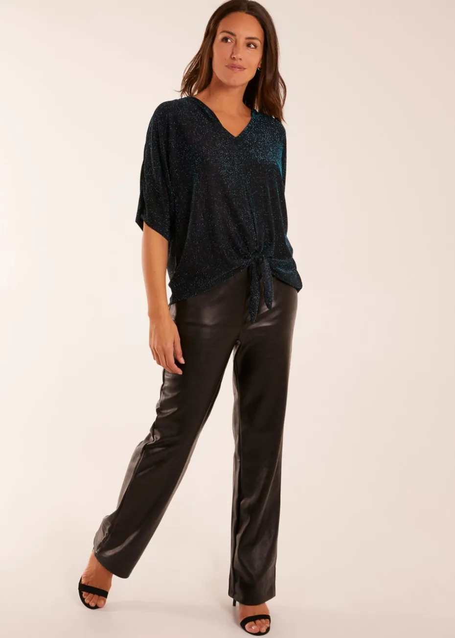 Blue Vanilla Teal Sparkly V Neck Tie Front Top