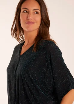 Blue Vanilla Teal Sparkly V Neck Tie Front Top