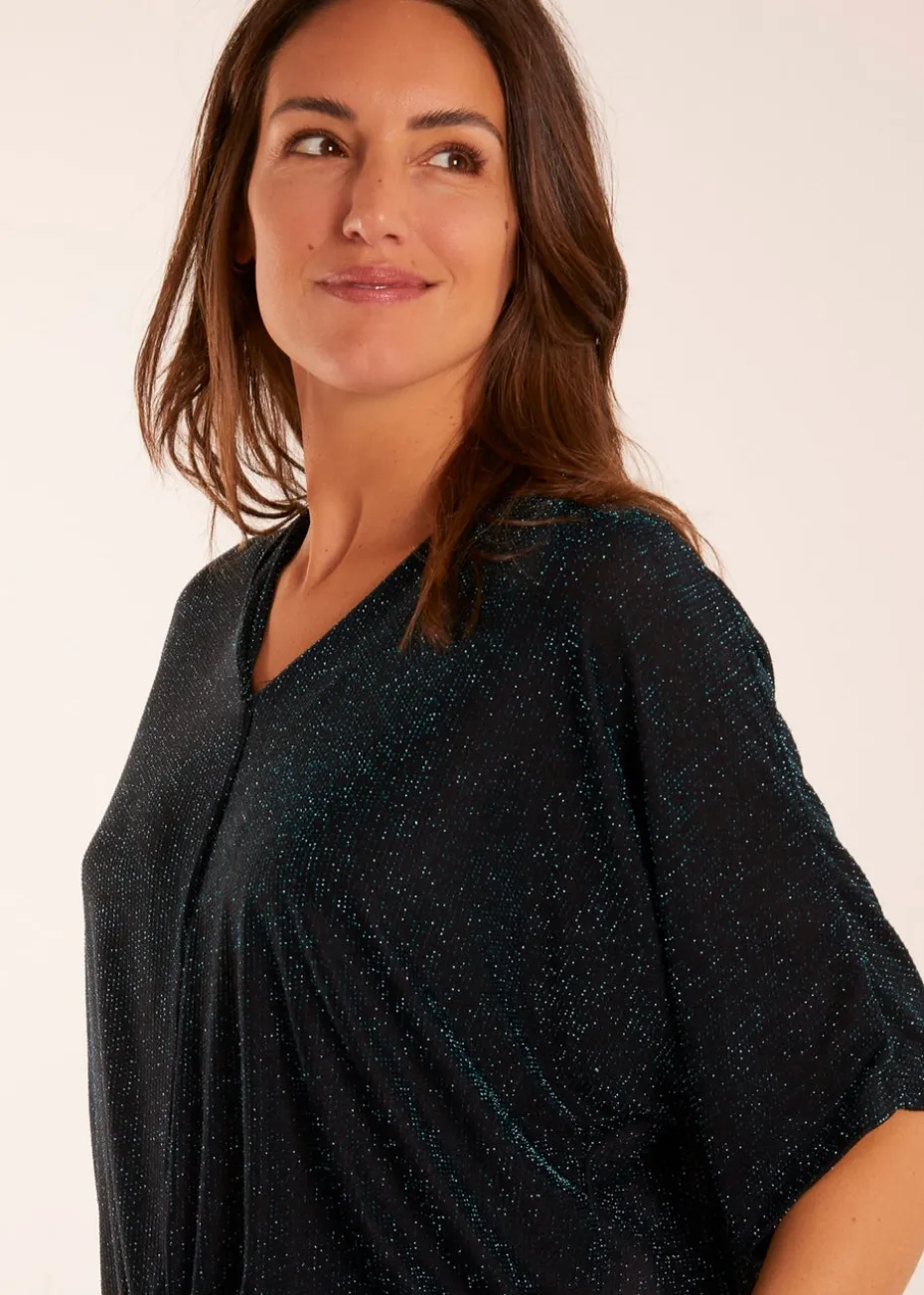 Blue Vanilla Teal Sparkly V Neck Tie Front Top