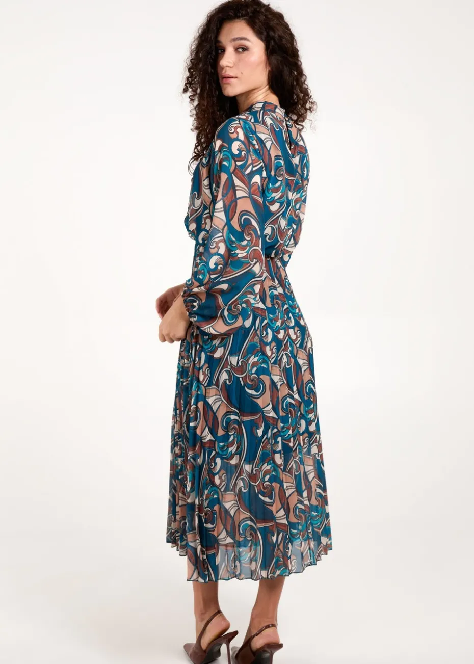 Blue Vanilla Teal Swirl Print High Neck Blouson Pleated Dress