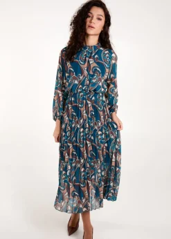 Blue Vanilla Teal Swirl Print High Neck Blouson Pleated Dress