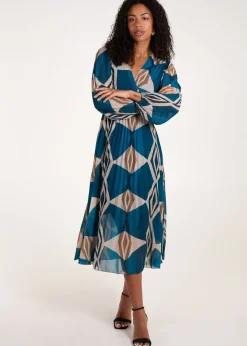 Blue Vanilla Teal Wrap Front Pleated Geometric Maxi Dress