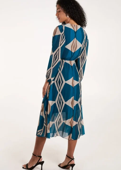 Blue Vanilla Teal Wrap Front Pleated Geometric Maxi Dress