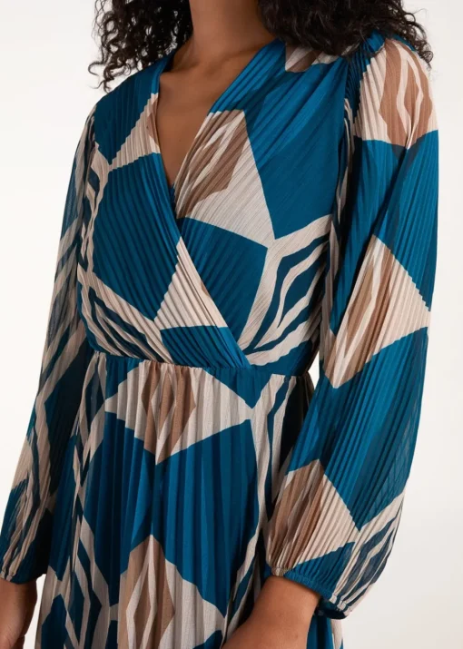 Blue Vanilla Teal Wrap Front Pleated Geometric Maxi Dress
